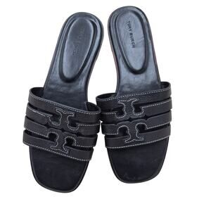 Tory Burch Ines Cage slide sandal in black leather Women's size 8